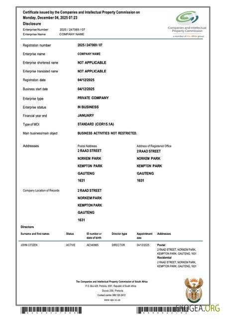 Modèle Word et PDF de certificat d'enregistrement de société en Afrique du Sud template